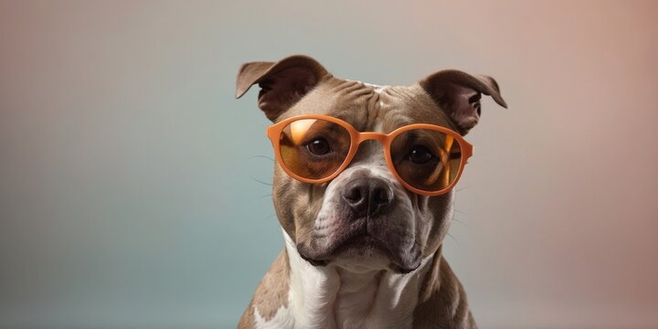 Staffordshire Terrier dog with sunglasses on pastel background.