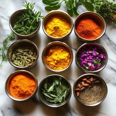 13. Mindful appreciation of vibrant spices and herbs in a serene kitchen setting, the rich colors and aromas taking center stage. [food + flavor + mindfulness]