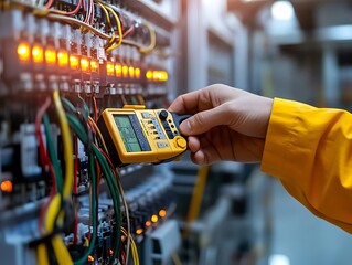 Electrician Using Digital Multimeter to Check Electrical Panel Photo