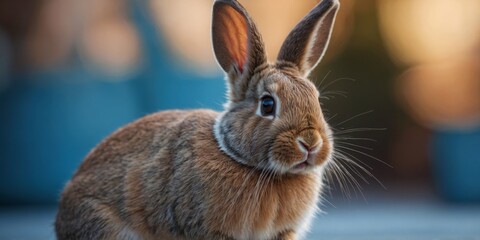Cute bunny in front of blue studio background.