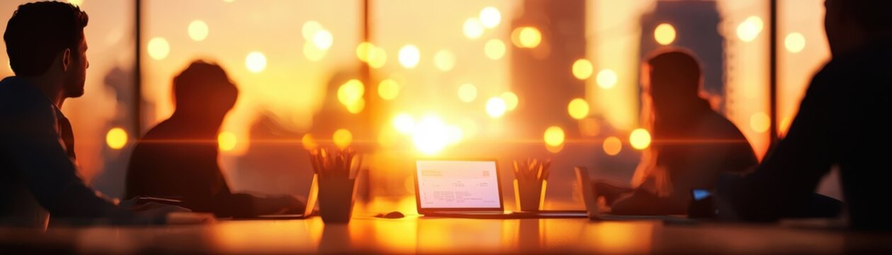 Business meeting at sunset with silhouettes of people working around a table, backlit by warm sunlight through large windows.