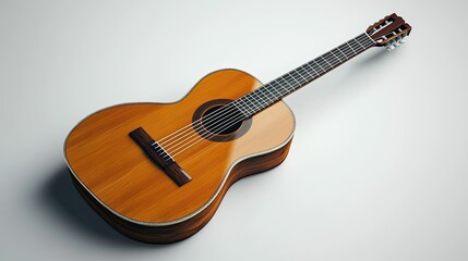 Fototapeta premium A classic guitar with a polished wooden finish, lying on a pristine white surface, emphasizing its simple beauty.