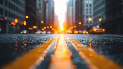 A low-angle photograph of a wet urban street with yellow lines, focusing on the blurred city lights creating a bokeh effect as the sun sets in the background, reflecting off the wet pavement.