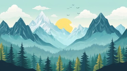 Fototapeta premium Majestic Mountain Landscape with Sun and Birds