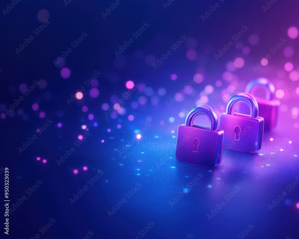 Aufkleber Abstract image of three illuminated padlocks on a dark, colorful background emphasizing security and data protection concepts.