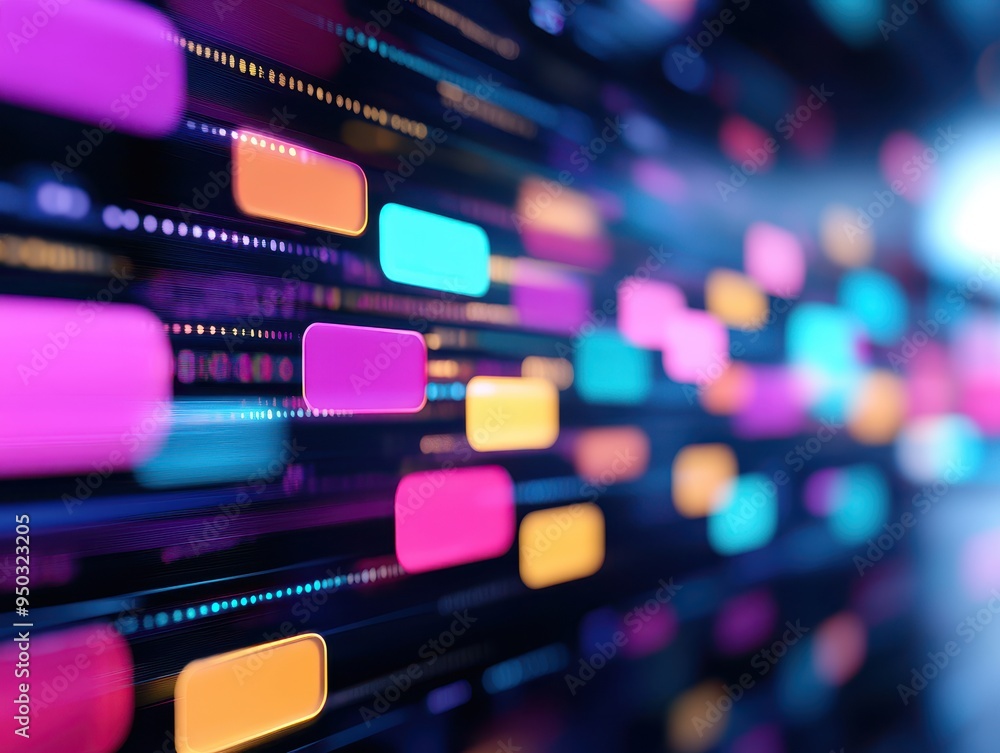 Leinwandbilder abstract digital art with colorful neon blocks and lines, representing modern technology and data fl