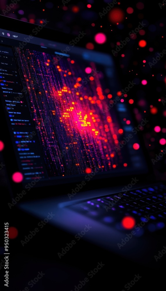 Leinwandbilder abstract close-up of a glowing computer screen with bright codes and lights, representing digital te