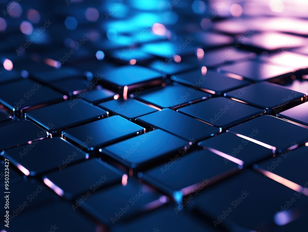 Poster abstract background with futuristic blue and purple metallic squares in soft focus and colorful ligh