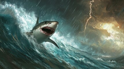 Fototapeta premium Great White Shark Leaping From Wave During Storm