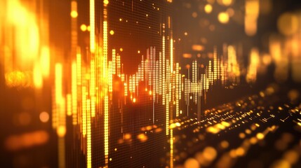 Naklejka premium A digital display of stock market trends with gold accents and a shimmering gold backdrop.