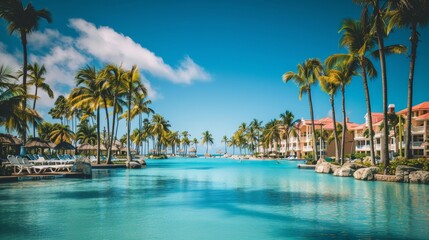 Naklejka premium Stunning resort swimming pool surrounded by lush landscapes for a perfect vacation getaway