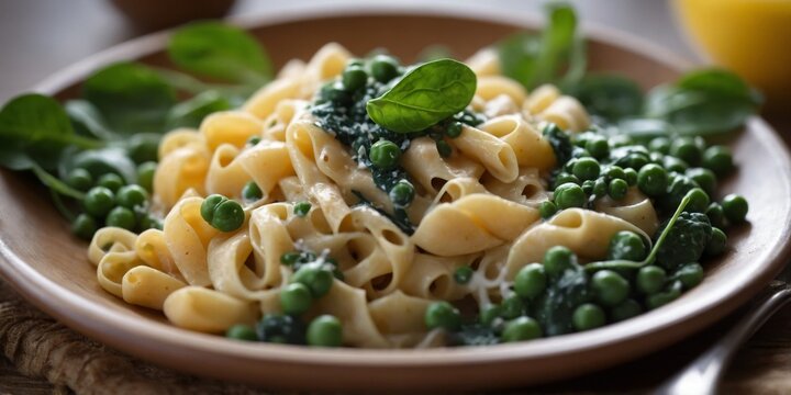 Top view of creamy pasta dish with spinach and peas.