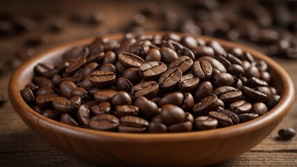 Fototapeta premium Close-up of coffee beans in a wooden bowl.