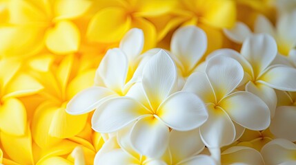 Obraz premium A close-up view of a frangipani lei, highlighting the beautiful contrast of white and yellow petals in a tropical setting.