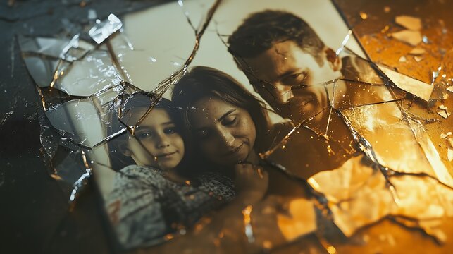 A close-up of a shattered family photo frame, featuring a picture of a father, mother, and child.