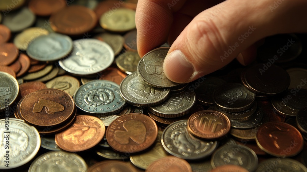 Aufkleber a hand sorting through a collection of coins on a table, with a focus on different denominations and