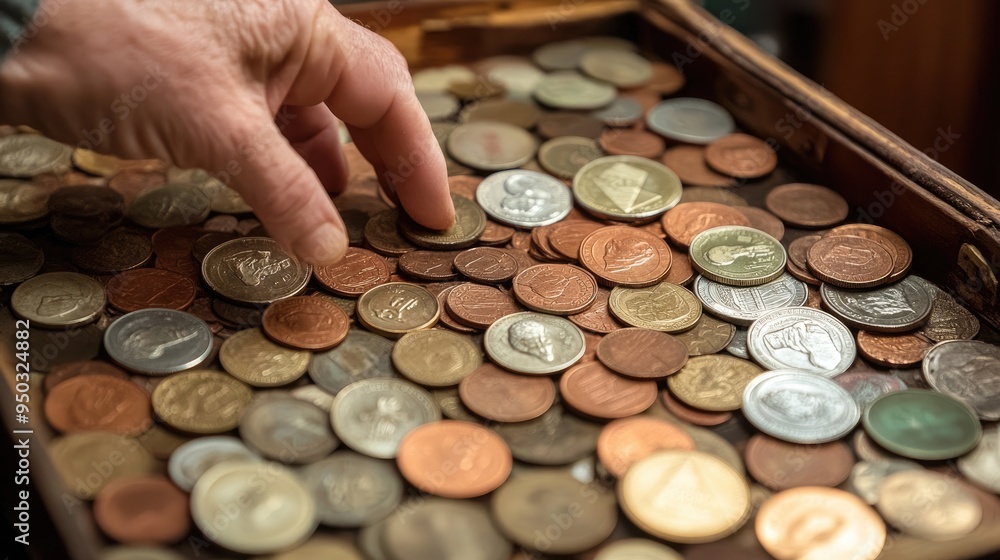 Aufkleber a hand sorting through a collection of coins on a table, with a focus on different denominations and