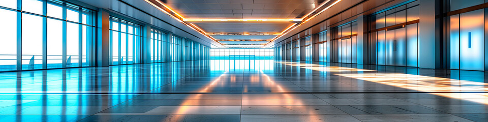 Fototapeta premium Empty hall in industrial building, shopping center, airport. Large windows, lot of light. Glass, metal, ceramic tiles, concrete. background trendy design template poster banner. Generative Ai content