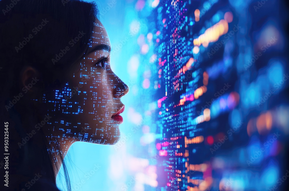 Poster a person looks at a vibrant digital interface full of data and connections, epitomizing human-tech i