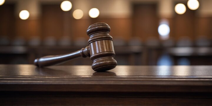 Close up of judge gravel in empty court room.