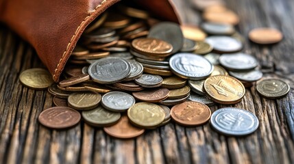 A pile of mixed coins spilling out of an open coin pouch on a wooden surface, highlighting everyday currency.
