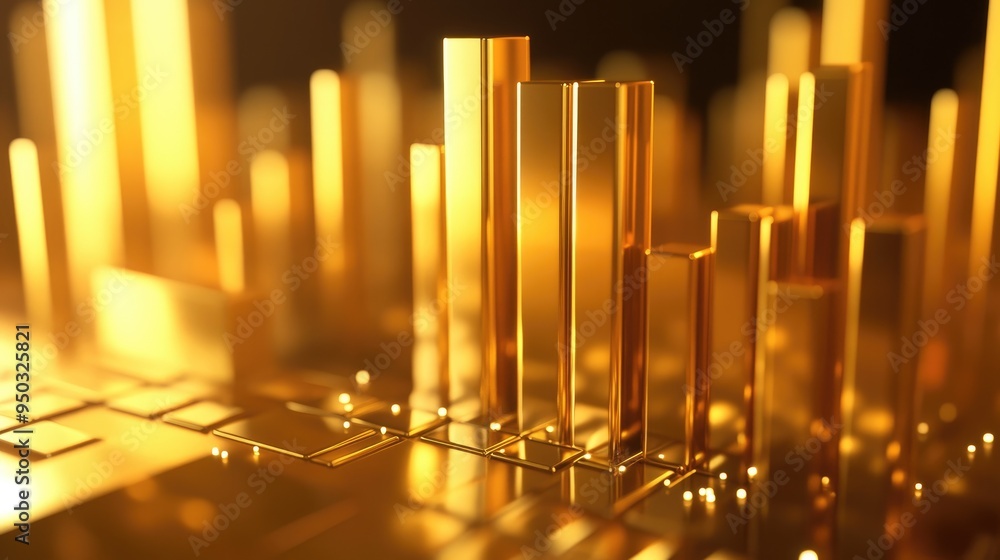 Poster a polished gold background with a bar graph showing positive financial trends and data.