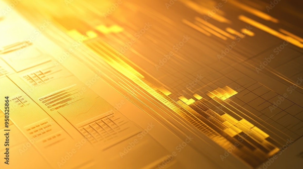 Poster a professional financial report featuring gold-highlighted graphs and charts on a gold gradient back