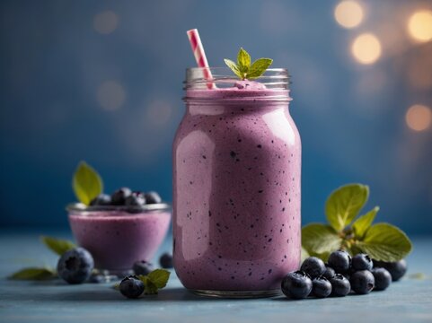 Jar with blueberry milkshake or smoothie in front of blue background.