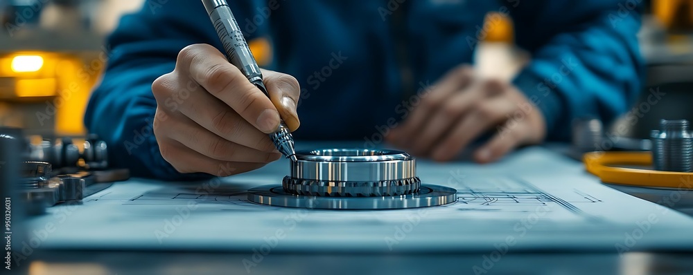 Poster close up of engineer's hand using a measuring tool on a mechanical part, blueprint, engineering illu