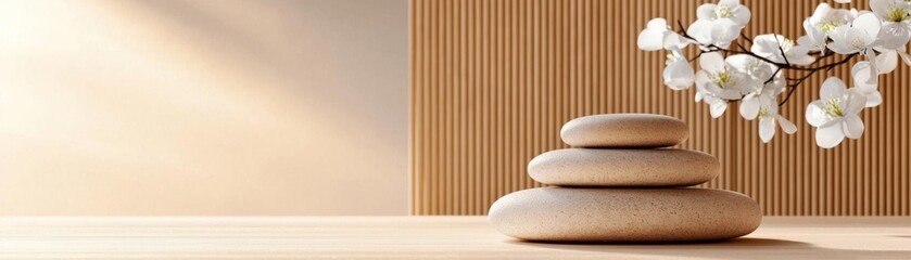 A tranquil wellness space with a bamboo backdrop, smooth hot stones, and fresh flowers, bathed in soft, natural light
