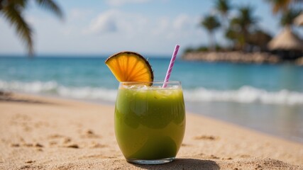 Obraz premium Tropical Coconut drink in front of beach background with negative space.