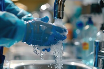 Water pour from tap while man wash his hands with anti bacterial soap close up view. Personal hygiene morning activity, safety precautions against COVID-19 pandemic infectious disease outbreak concept