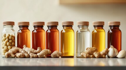 A row of vitamin bottles with natural ingredients like ginger, turmeric, and garlic, highlighting holistic health.