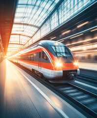 Fototapeta premium A sleek high-speed train moving through a modern station under a glass roof, illustrating speed, travel, and contemporary transportation.