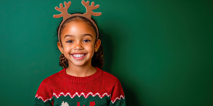 Little black girl wearing a Christmas sweater and reindeer headband isolated on green at Christmas
