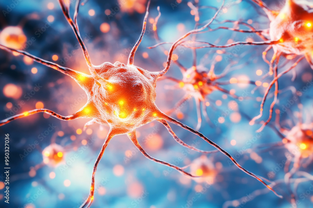 Aufkleber neurons depicted with bright glowing connections, visualizing the intricate and complex network of t
