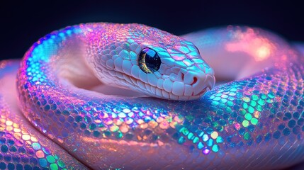 A soft plush snake with sequined scales reflecting different colors under bright studio lights. -