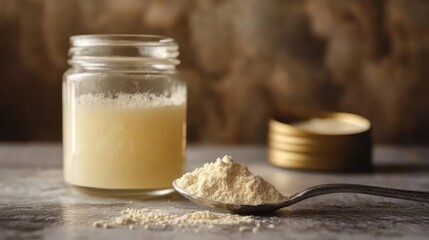 A spoonful of powdered collagen next to a jar and a glass of juice, symbolizing beauty and joint health.