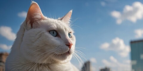 White stray cat on building with blue sky in background.