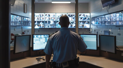 Fototapeta premium a correctional officer standing guard in a central control room, monitoring multiple screens displaying various areas of the prison