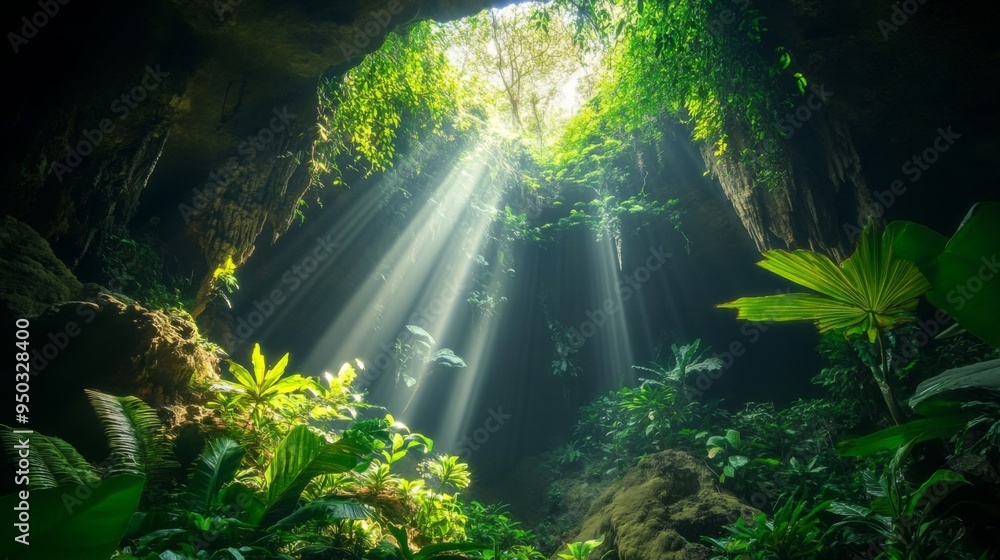 Poster a mysterious cave entrance surrounded by lush greenery, with rays of sunlight streaming into the cav