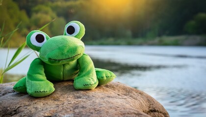 A plush frog sitting on the rock by a river 