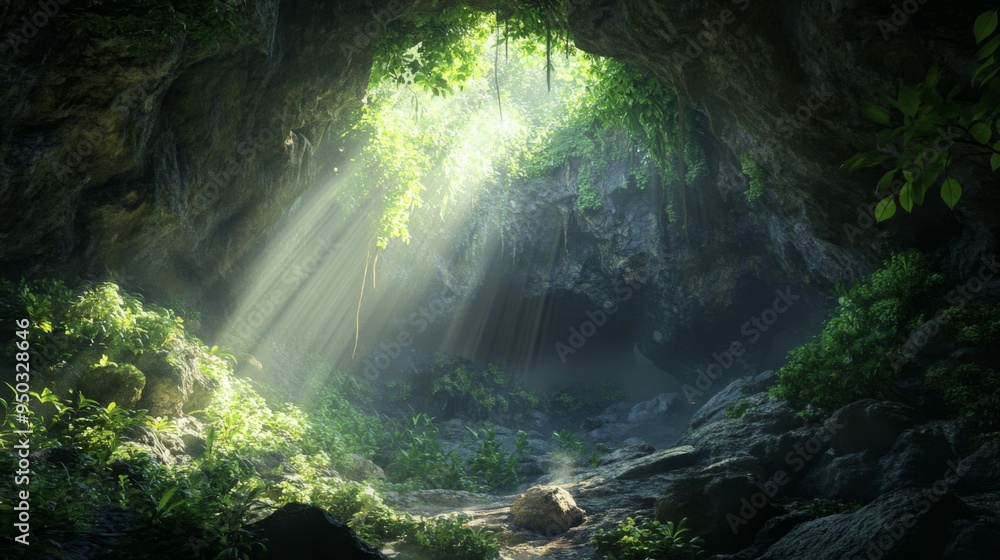 Poster a mysterious cave entrance surrounded by lush greenery, with rays of sunlight streaming into the cav