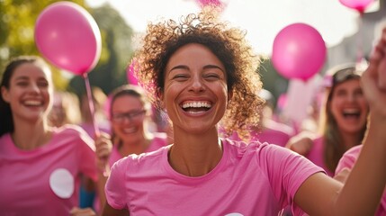 An inspiring image of a group of breast cancer survivors wearing pink t-shirts, participating in a charity run or walk, smiling and cheering each other on, surrounded by supportive friends and