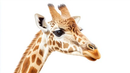 Obraz premium A close up, realistic of a giraffe with a calm gaze, positioned on a vivid white background. The lighting is soft and even, capturing the fine details of the giraffes skin, spots,