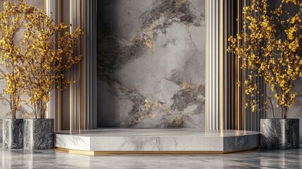 An elegant marble podium with gold accents, set against a dramatic backdrop for a formal presentation