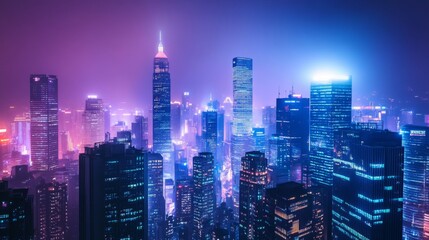 Obraz premium A nighttime cityscape with illuminated high-rise buildings, capturing the energy and dynamism of a large urban center.