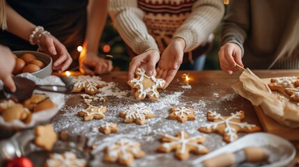 A family gathered around the table to make homemade cookies