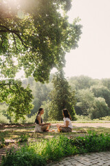 Mentor and student before Mindful meditation and yoga in an open area. Deep relaxation and inner...