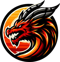 Fierce Flaming Dragon Head Emblem - Vector Graph, T-shirt Design, Mascot Logo